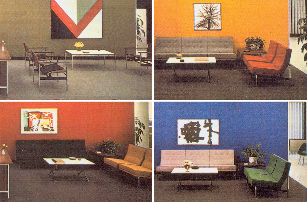 Four examples of CBS interiors designed by Florence Knoll. Credit: Knoll Archive