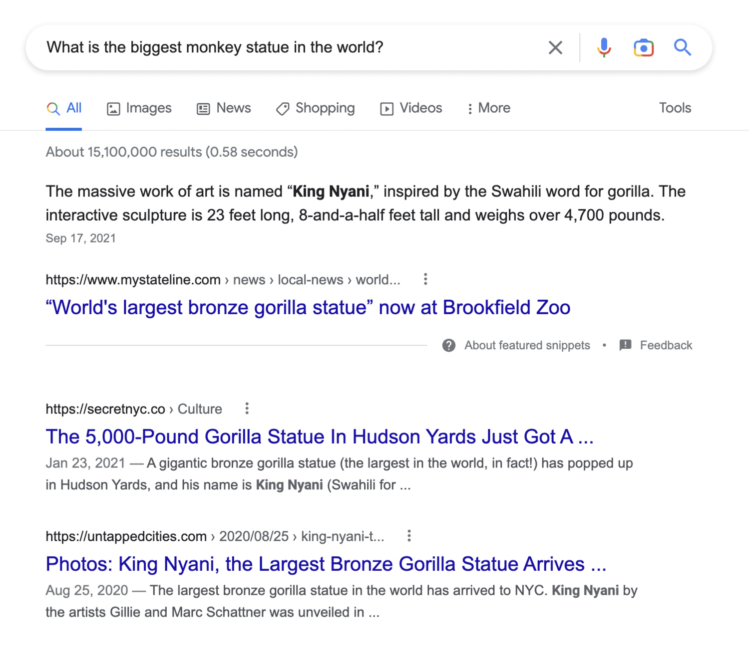 Google search results for biggest monkey statue in the world