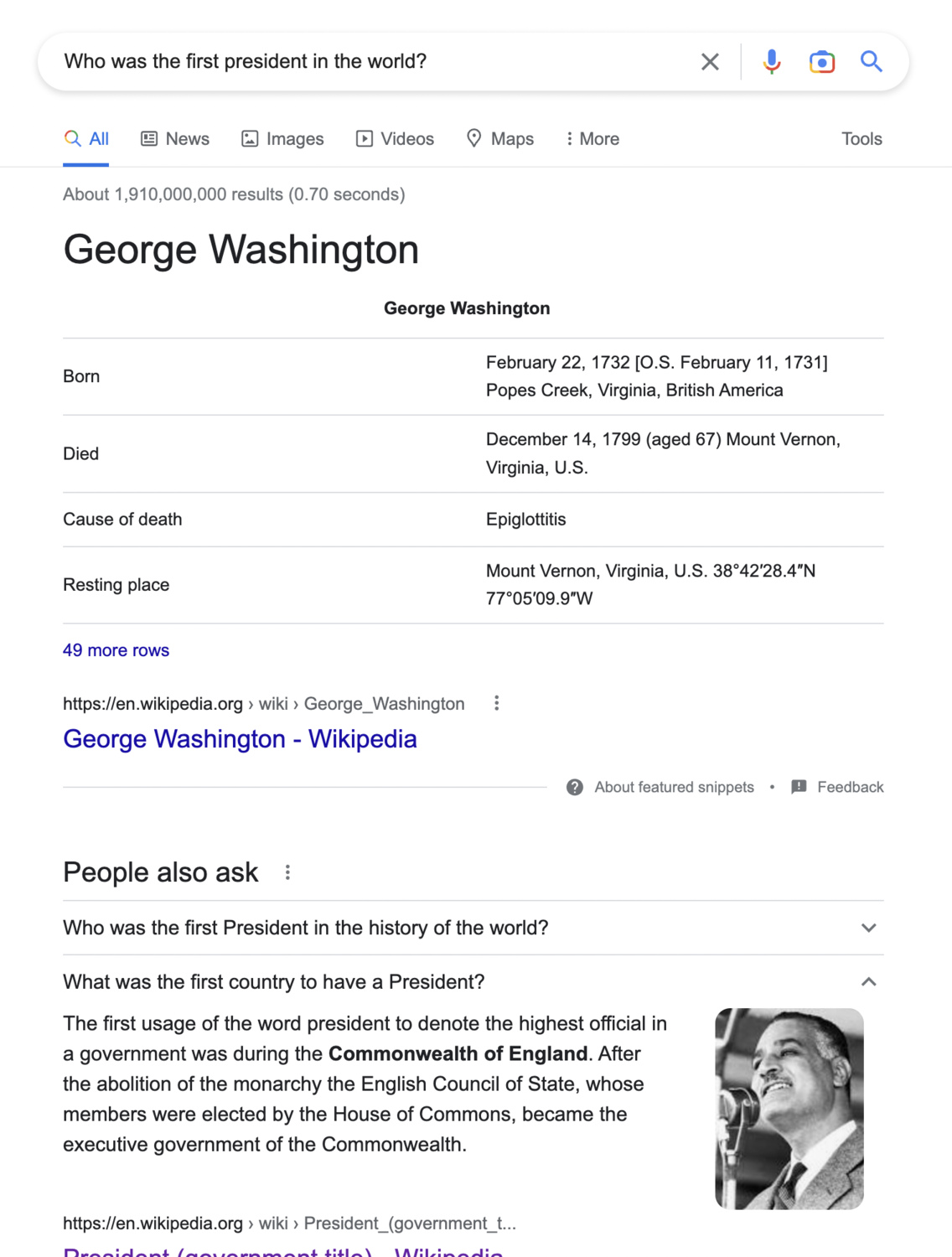 Google search results for first president in the world