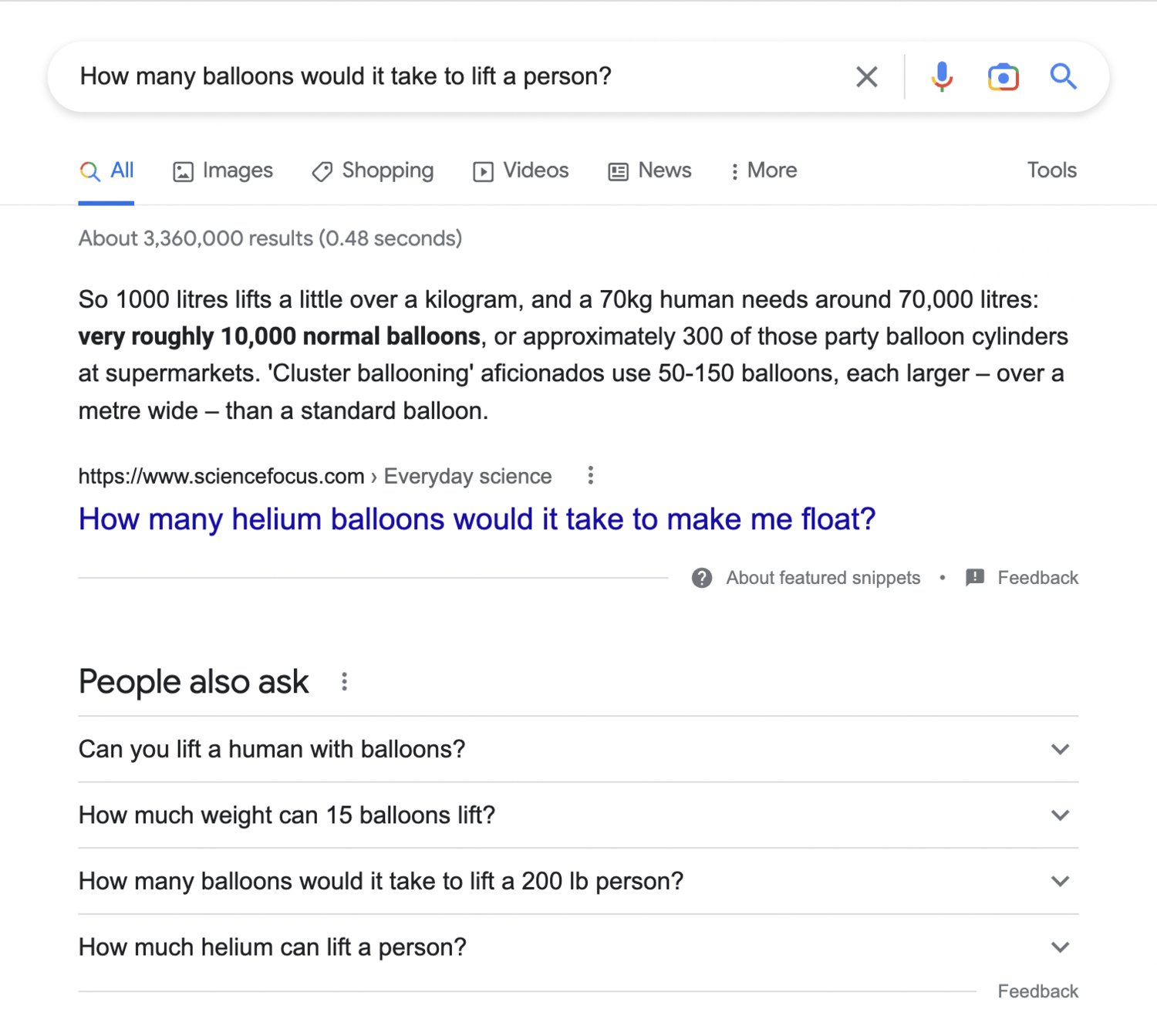 Google search results for how many balloons would it take to lift a person