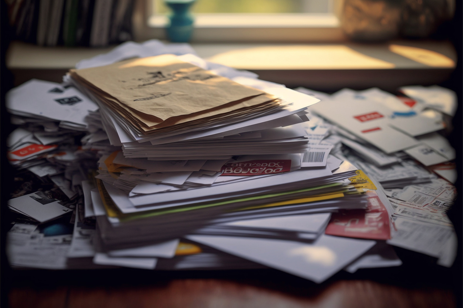 A stack of junk mail on a desk. Source: Midjourney
